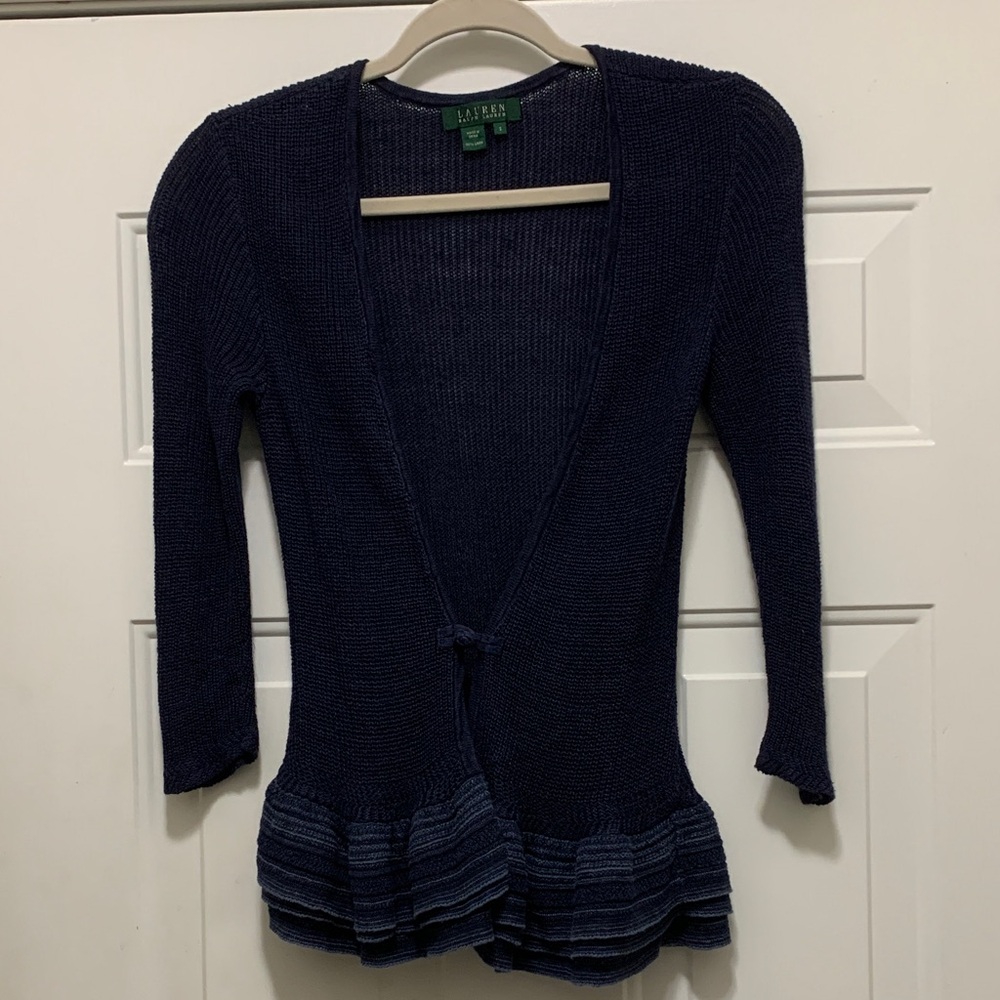 Ralph Lauren 100% Linen Deep Midnight Blue Ruffled Sweater Cardigan Size Small